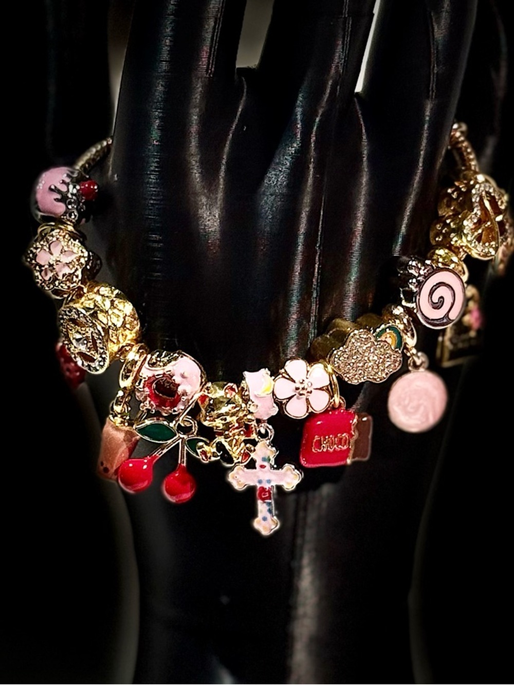 Gold Charm Bracelet with Pink and Red Accents